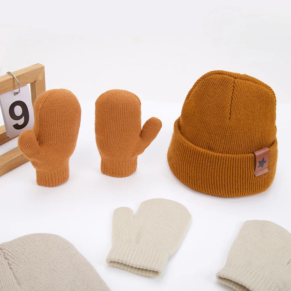 Baby Knitted Hat and Glove Set | Solid Winter Turban with Leather Star Tag