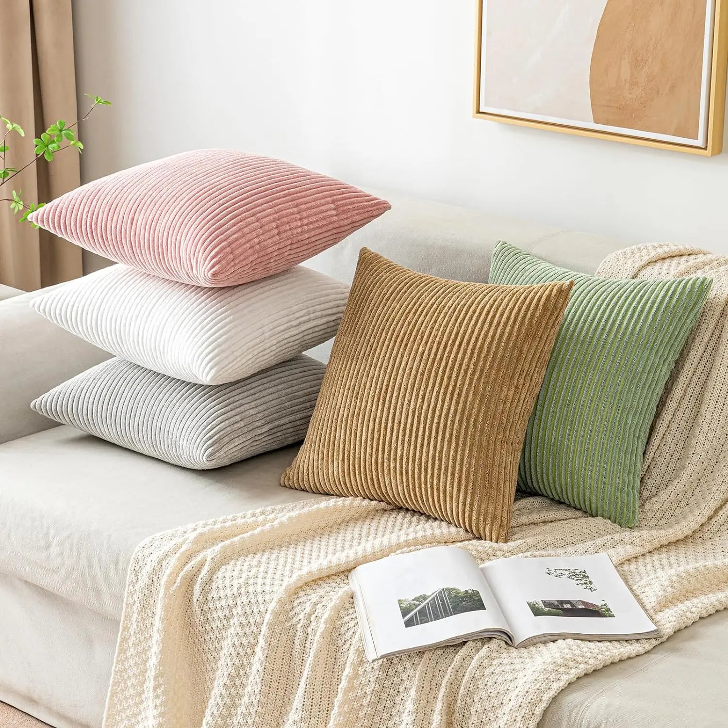 DecorBites™ Corduroy Striped Throw Pillow Covers - Soft Decorative Cushion Cases