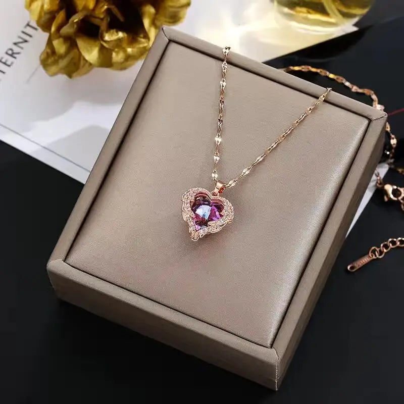 Stainless Steel Crystal Heart Pendant Necklace | Ocean Blue Jewelry for Women