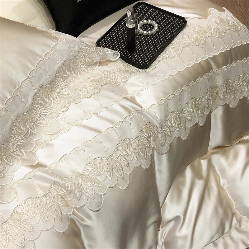DecorBites™ Lace Patchwork Silk Cotton Luxury Bedding Set Queen King Size