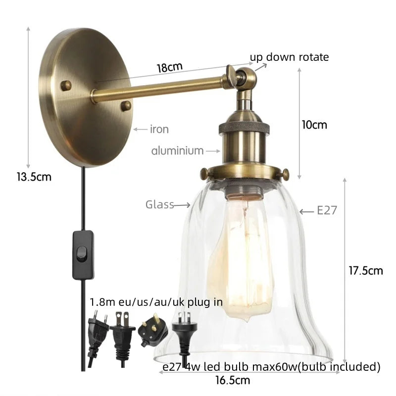 DecorBites™ Industrial Vintage LED Wall Sconce Stair Loft Bedside Lamp Glass Mirror Light