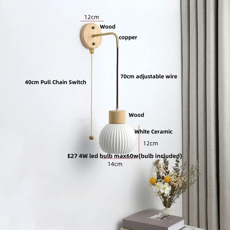 DecorBites™ Ceramic Wood Wall Sconce LED Light with Pull Chain Switch - Modern Nordic Style