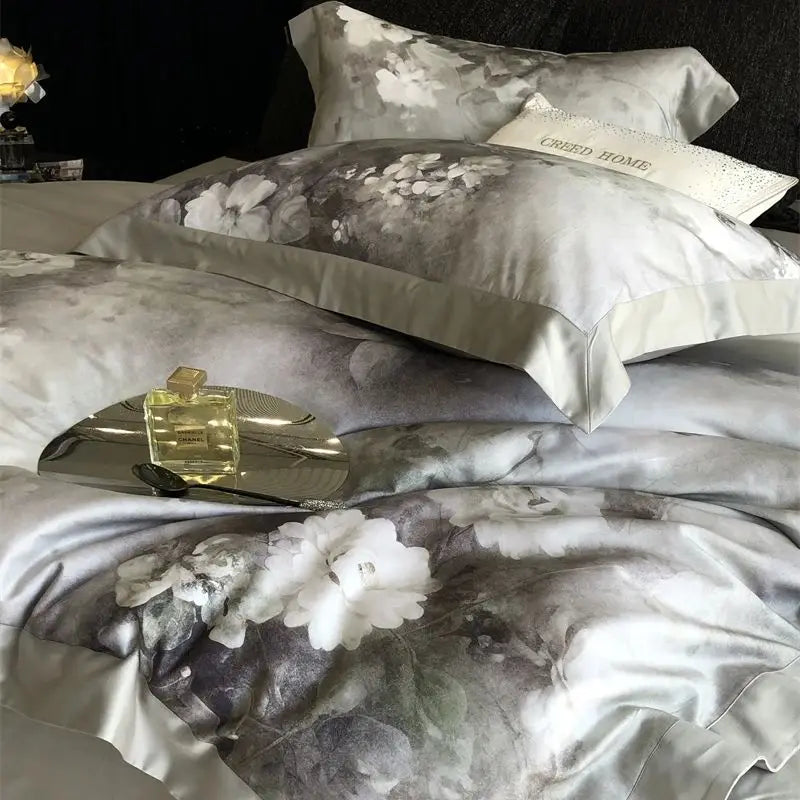 DecorBites™ Flowers Pattern Brushed Bedding Set: Duvet Cover, Bed Sheet, Fitted Sheet, Pillowcase 4Pcs