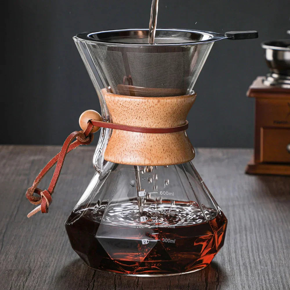 DecorBites™ Diamond Glass Hand Brew Coffee Maker Pot for Espresso Drip Cup Brewing