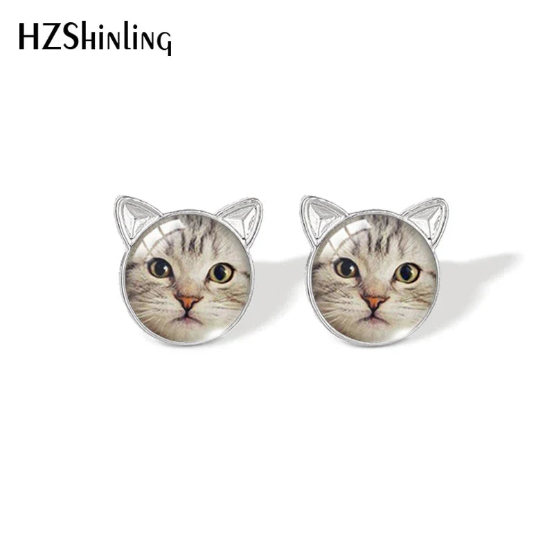 Lovely Cat Face Stud Earrings | Handmade Glass Dome Photo Printed Jewelry for Women