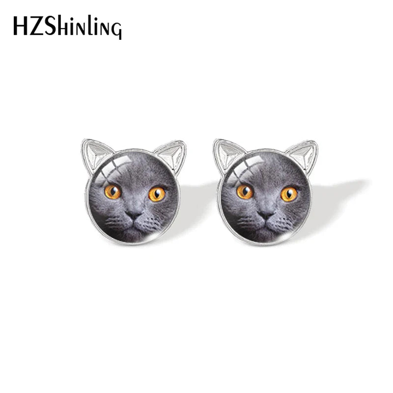 Lovely Cat Face Stud Earrings | Handmade Glass Dome Photo Printed Jewelry for Women