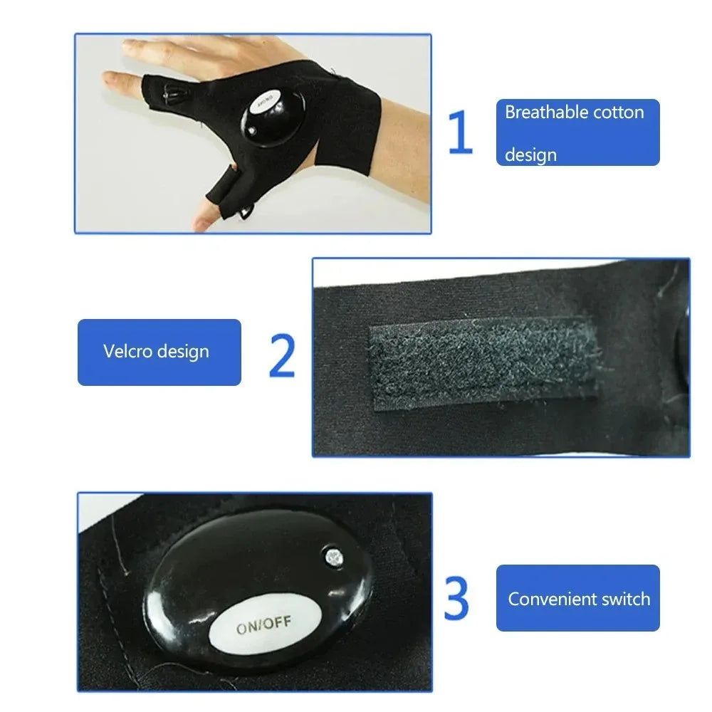 LED Flashlight Gloves | Waterproof Fingerless Illumination Gloves for Running, Cycling, Camping, Hiking, and Rescue