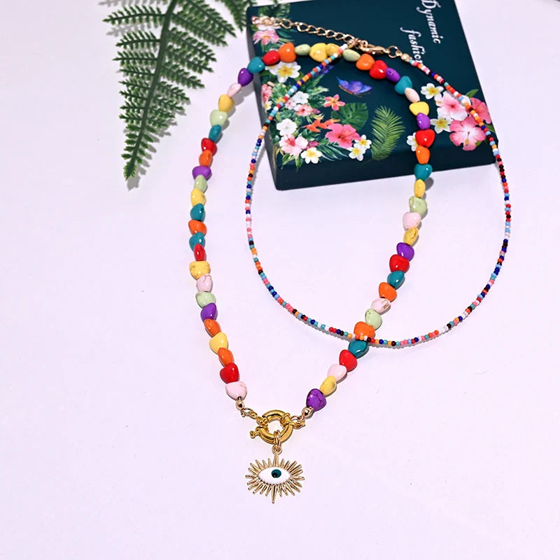Heart Choker Necklace with Colorful Beads | Bohemian Eye Pendant Set for Women
