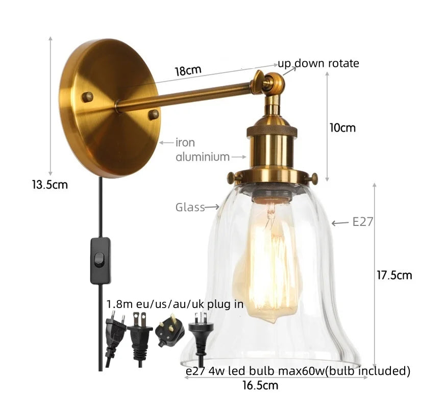 DecorBites™ Industrial Vintage LED Wall Sconce Stair Loft Bedside Lamp Glass Mirror Light