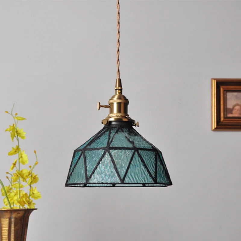 DecorBites™ Blue Glass LED Pendant Light Fixture with Adjustable Copper Knob Switch