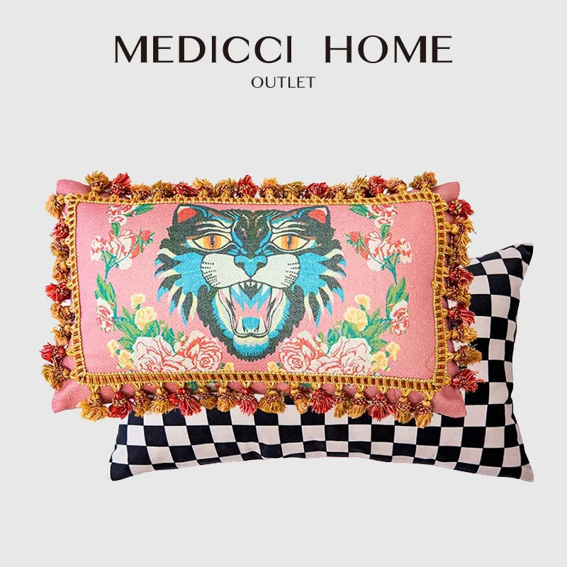 Pink tiger cat print velvet cushion cover living room tassels