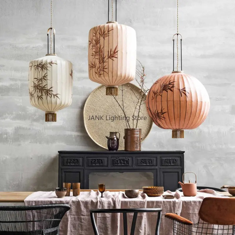 DecorBites™ Bamboo Leaf Pattern Lantern Pendent Lamp - Hand-painted Japanese Style Room Decor