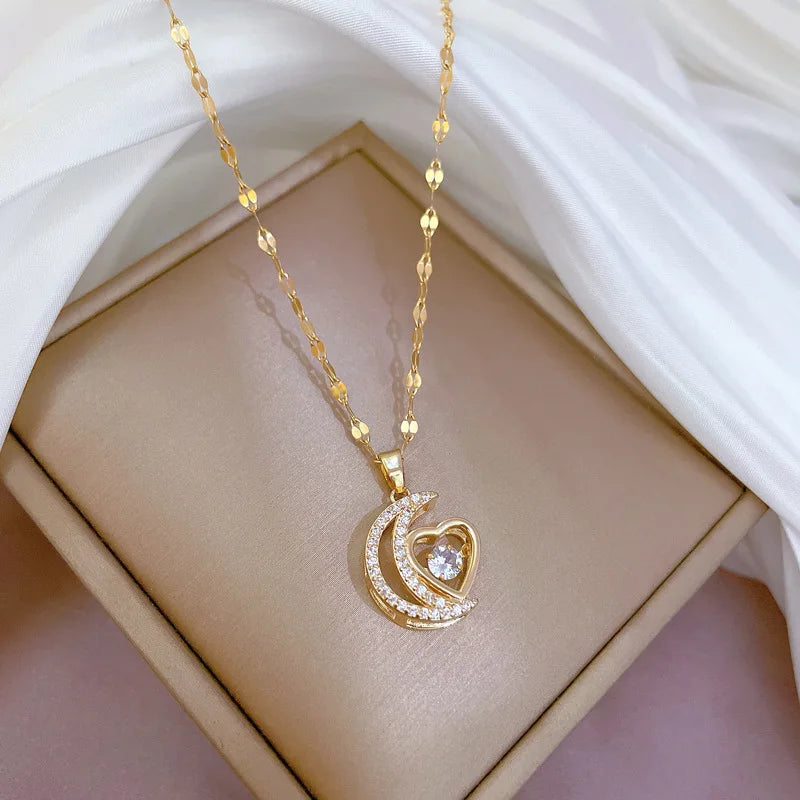 Stainless Steel Crescent Moon Pendant Necklace | Vintage Gold Choker Jewelry for Women