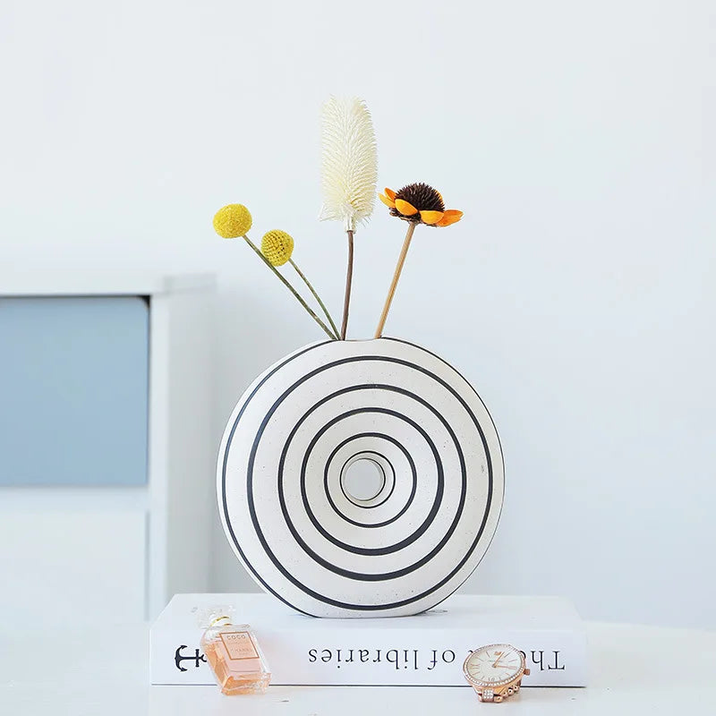 DecorBites™ Geometric Stripes Ceramic Vase with Round Cut-outs for Home Decor