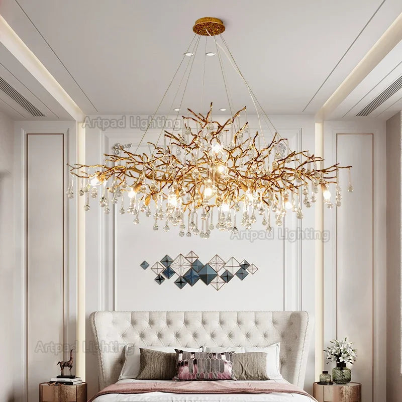 Luxe gold branch crystal led chandelier for living room