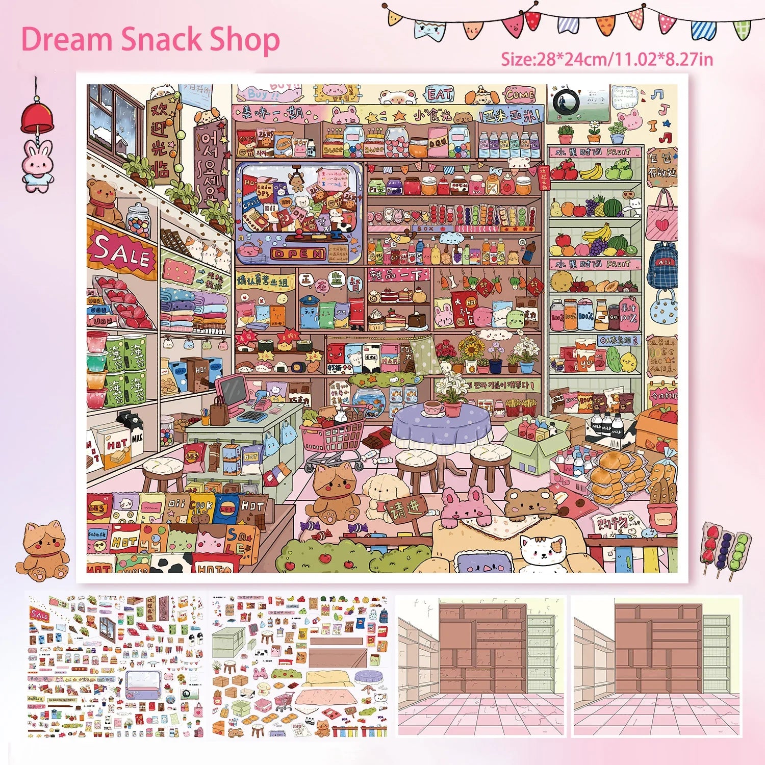 Vintage Grocery Store Scene Stickers | Miniature 3D Decorative Collage with Positioning Lines
