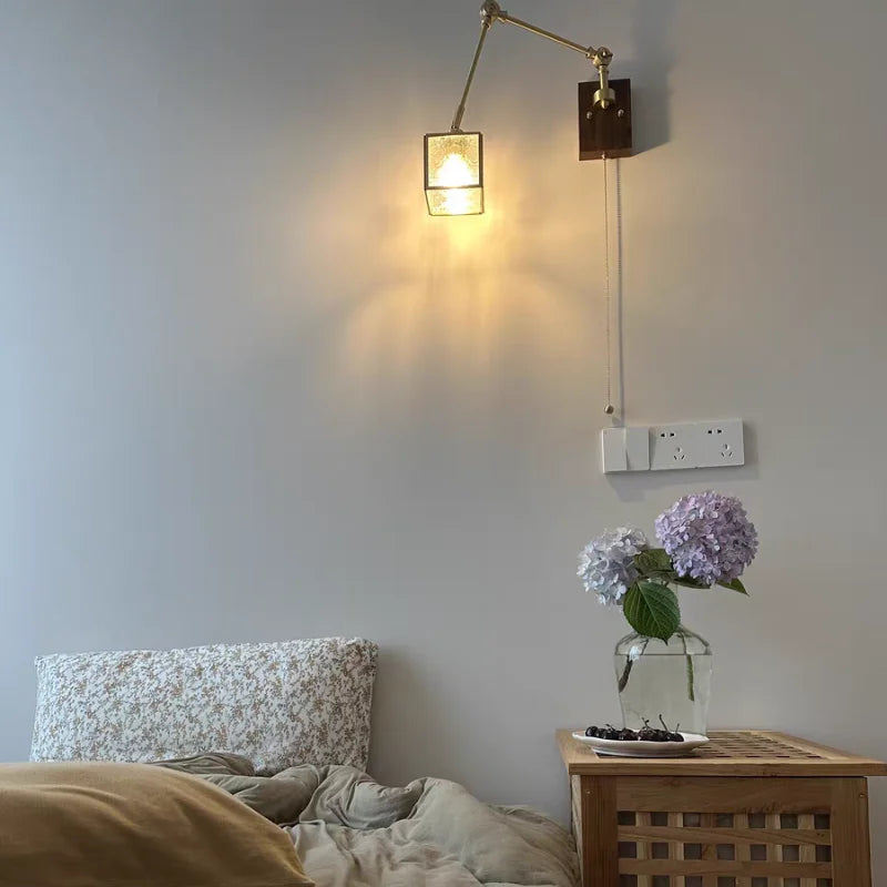 DecorBites™ Cube Glass LED Wall Sconce Walnut Wood Rotatable Mirror Light