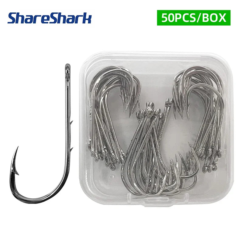 ShareShark 50-Piece High Carbon Steel Fishing Hooks with Barbed Curved Mouth | Long Shank Saltwater Hooks