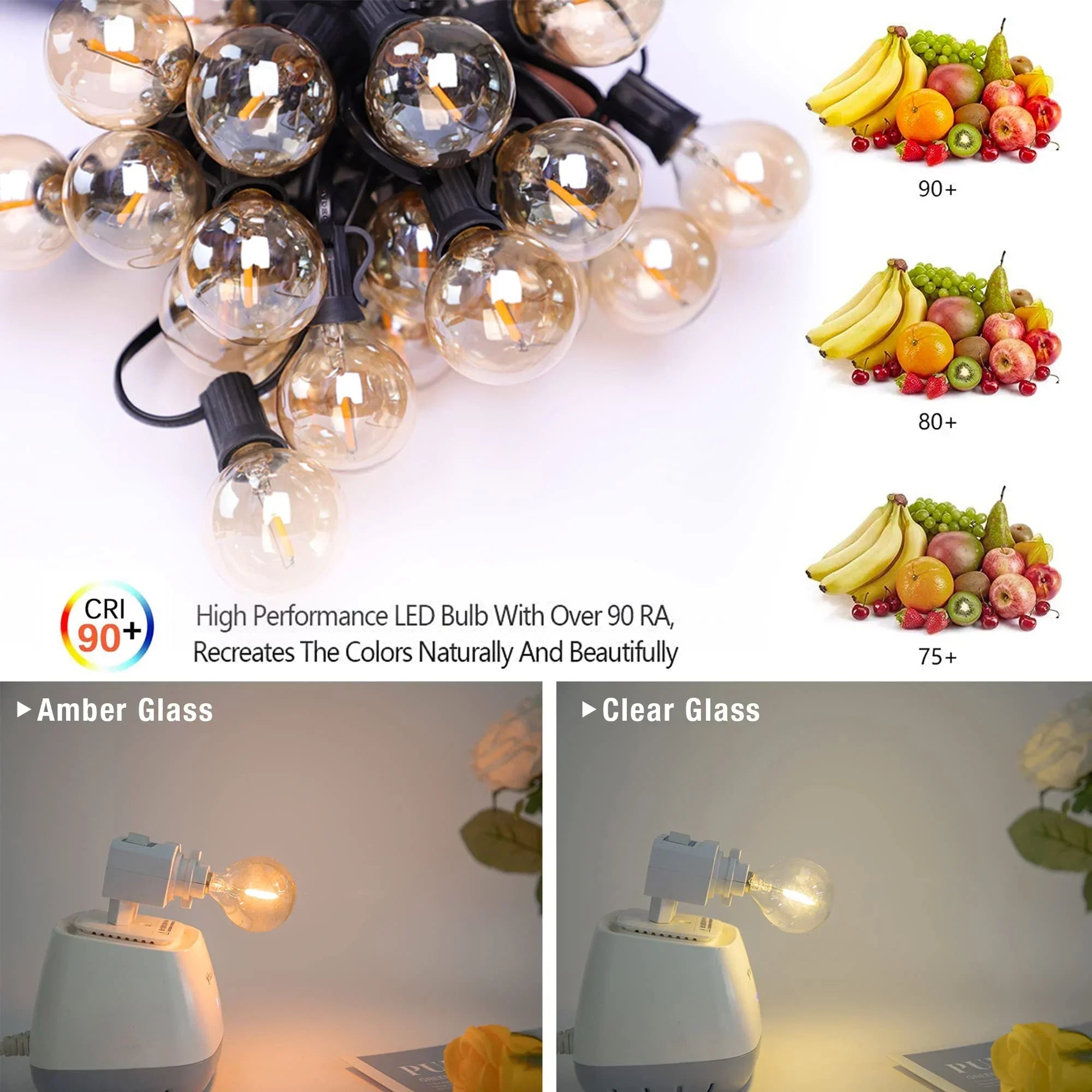 DecorBites™ 25PCS G40 LED String Lights Bulb E12 Screw Warm White 2200K Amber Glass