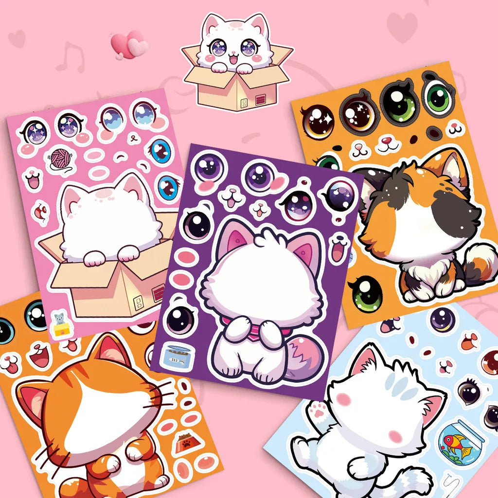 8 Pcs Cute Kitten Dress-Up Stickers | Cartoon Puzzle Toy and Waterproof Decals for Kids