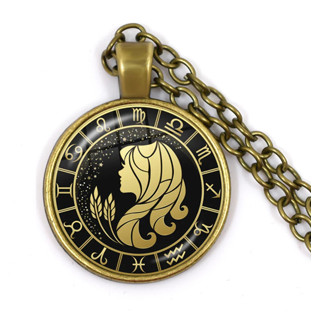 12 Constellation Zodiac Pendant Necklace | Antique Bronze Glass Dome Jewelry