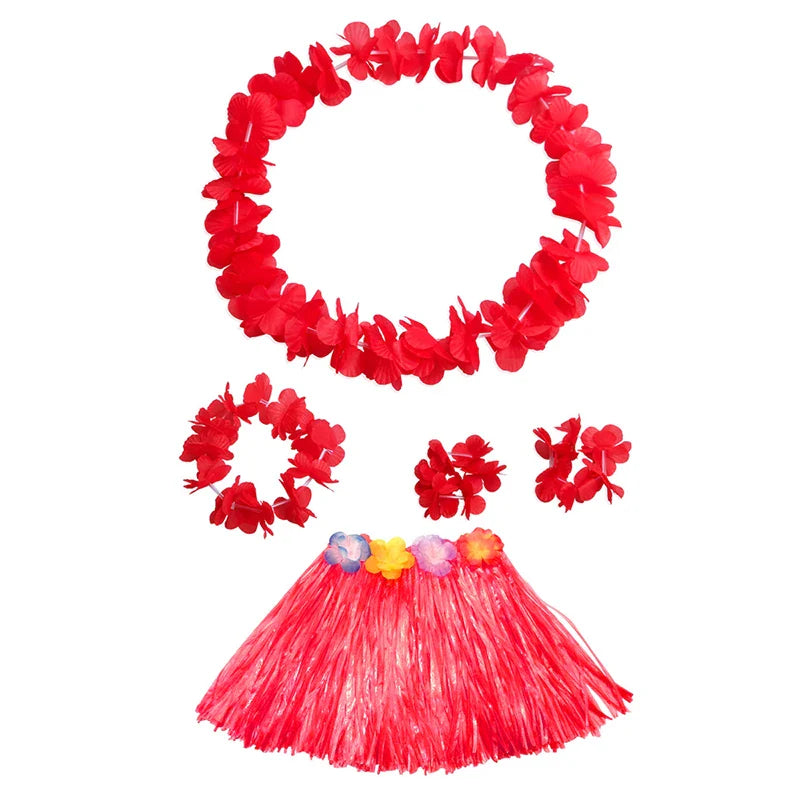 Kids Hawaiian Luau Costume Set | Grass Skirt Lei Flower Bracelets Headband