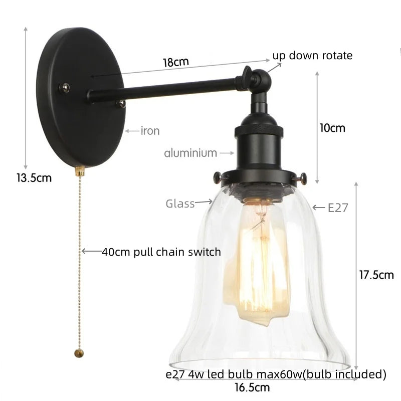 DecorBites™ Industrial Vintage LED Wall Sconce Stair Loft Bedside Lamp Glass Mirror Light