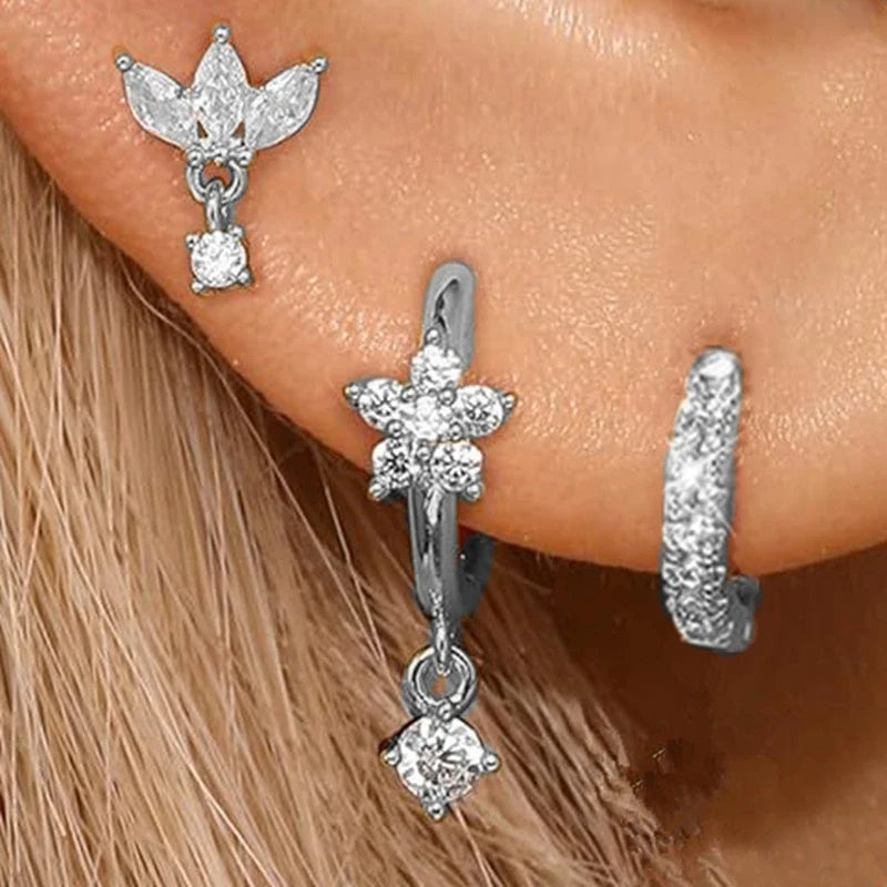 Gold Circle Hoop Earrings Set | Stainless Steel Zircon Flower Stud Jewelry
