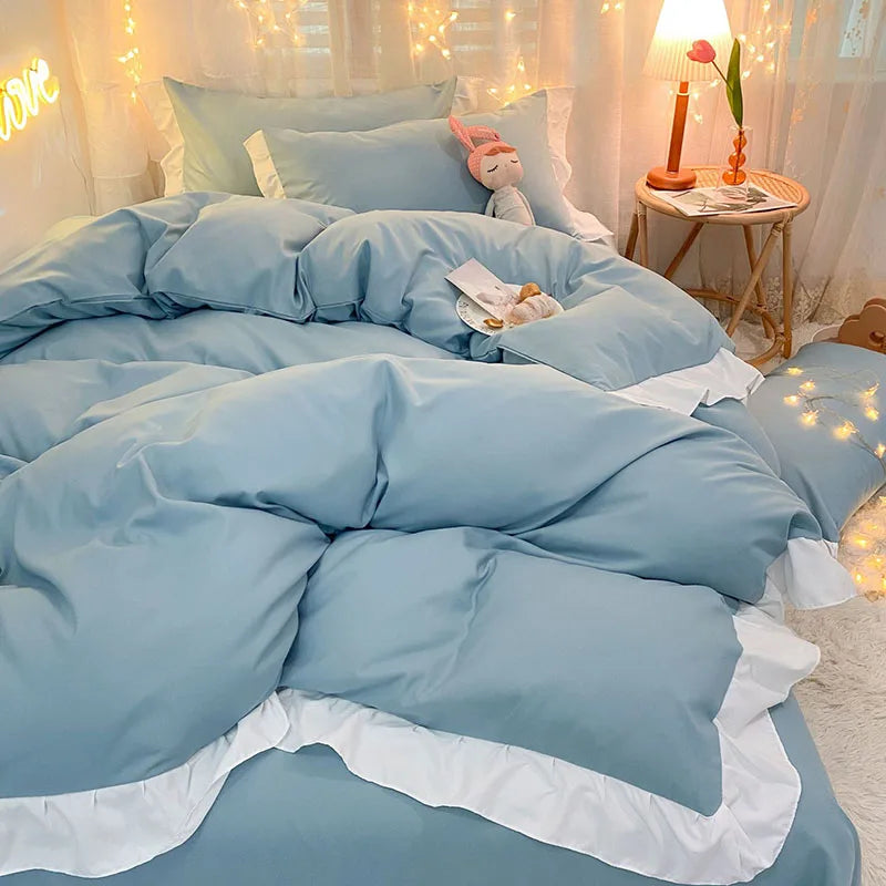 DecorBites™ Cotton Ruffle Edge Duvet Cover Set - Soft, Thick, Solid Color