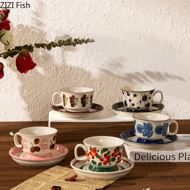 DecorBites™ Flowers Pattern Ceramic Cup&saucer Set Gold-plated Coffee Tea Mug Juice Container