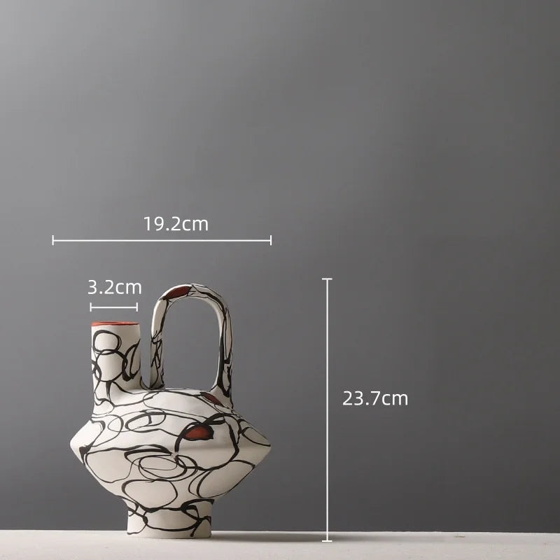 DecorBites™ Geometric Graffiti Ceramic Vase with Handles for Home Decor and Floral Arrangements.