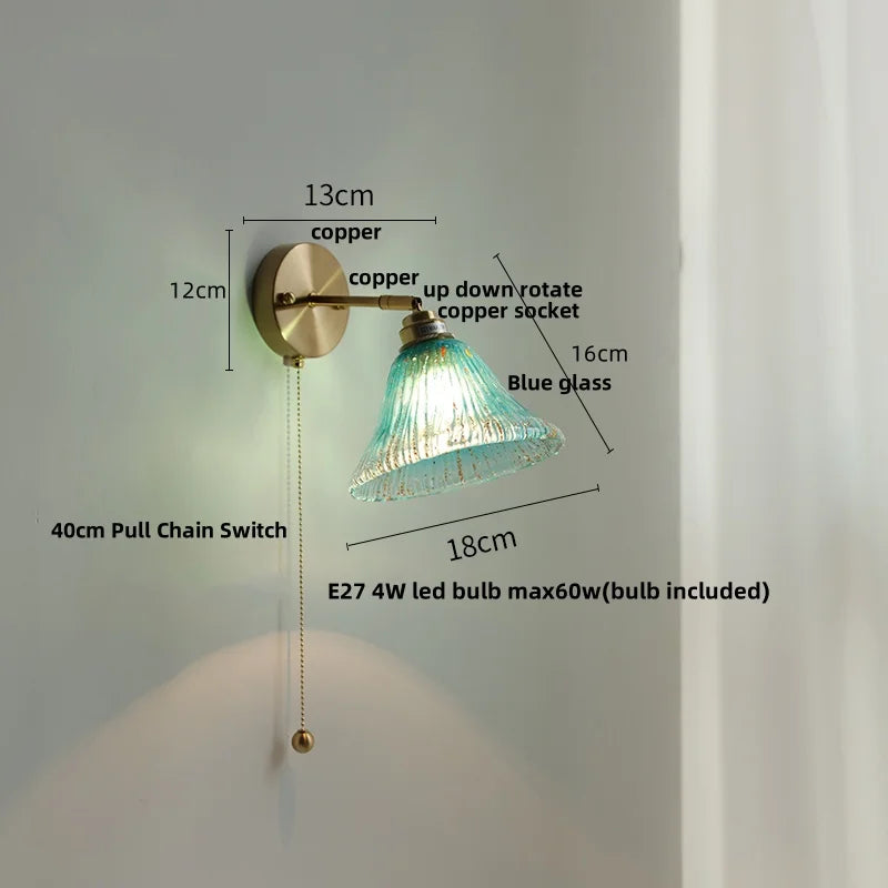 DecorBites™ Blue Glass Wall Sconce Pull Chain Switch Modern Stair Light