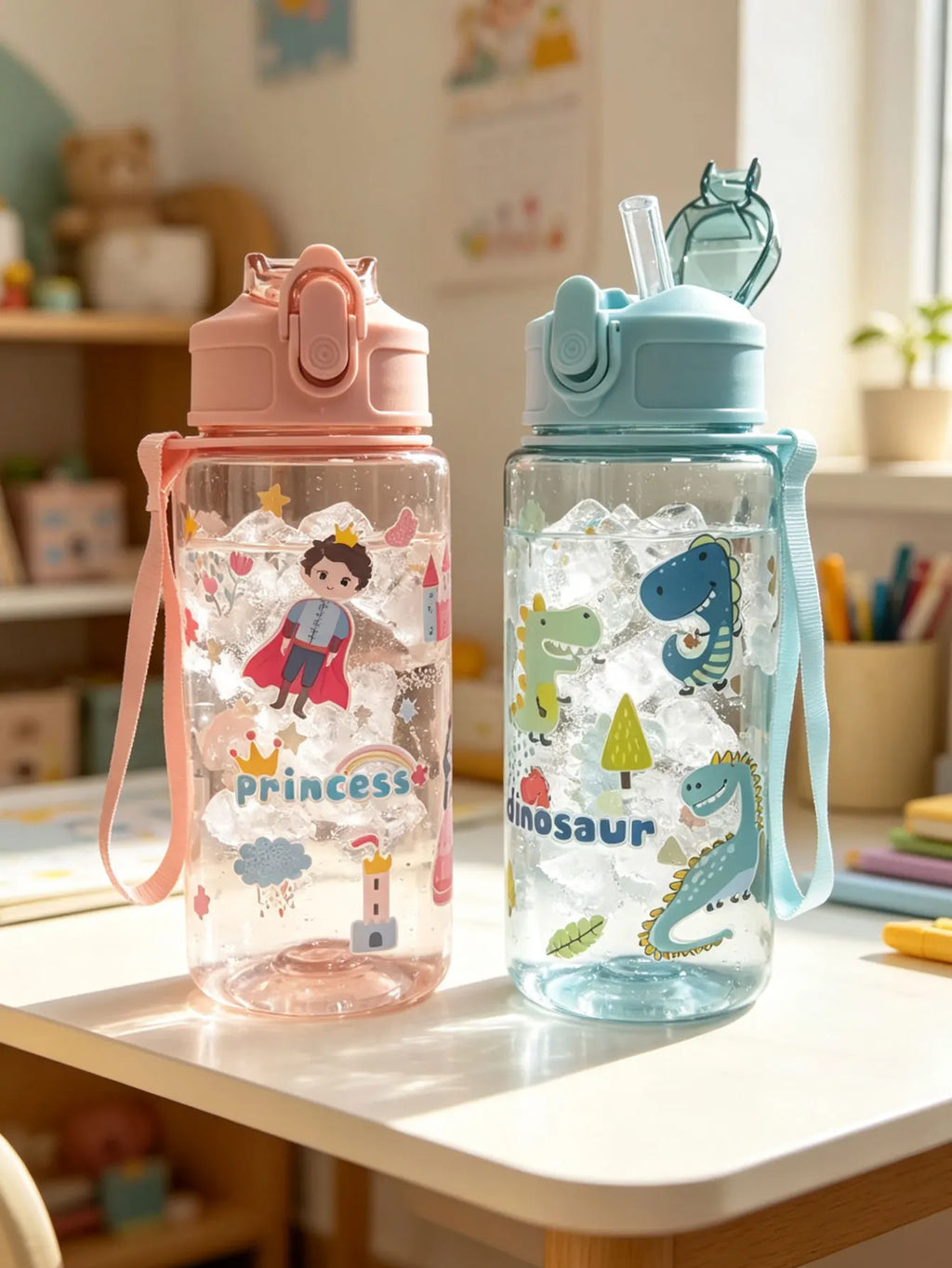 Cartoon Printed Straw Cup 500ml | BPA Free Portable Water Bottle
