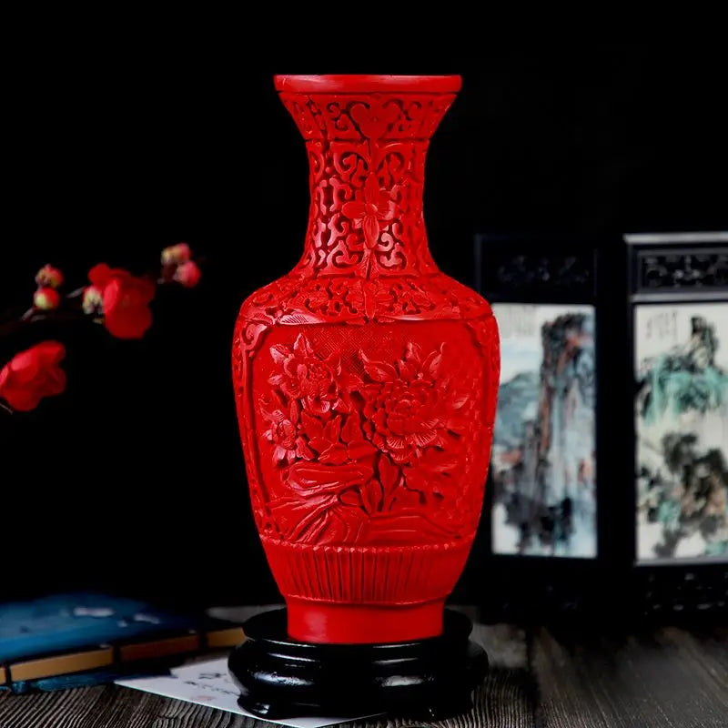 DecorBites™ 10-inch Red Lacquerware Flower Auspicious Vase
