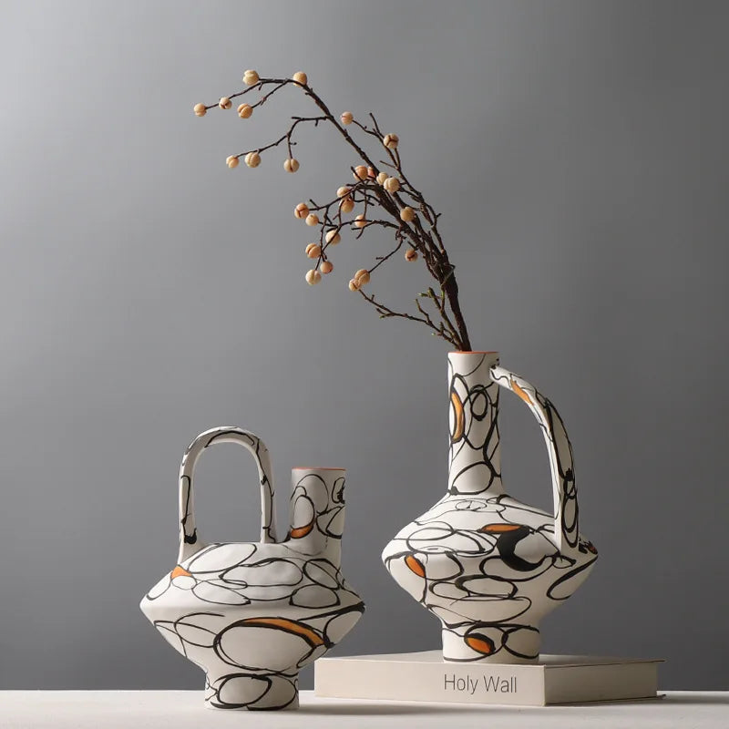 DecorBites™ Geometric Graffiti Ceramic Vase with Handles for Home Decor and Floral Arrangements.