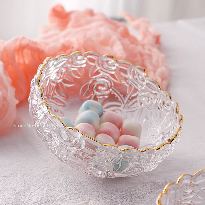 DecorBites™ Glass Salad Bowl with Golden Edge - Vintage Engraving, Relief Craft