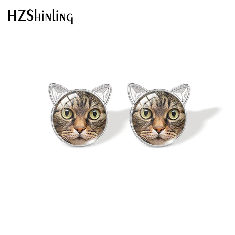 Lovely Cat Face Stud Earrings | Handmade Glass Dome Photo Printed Jewelry for Women