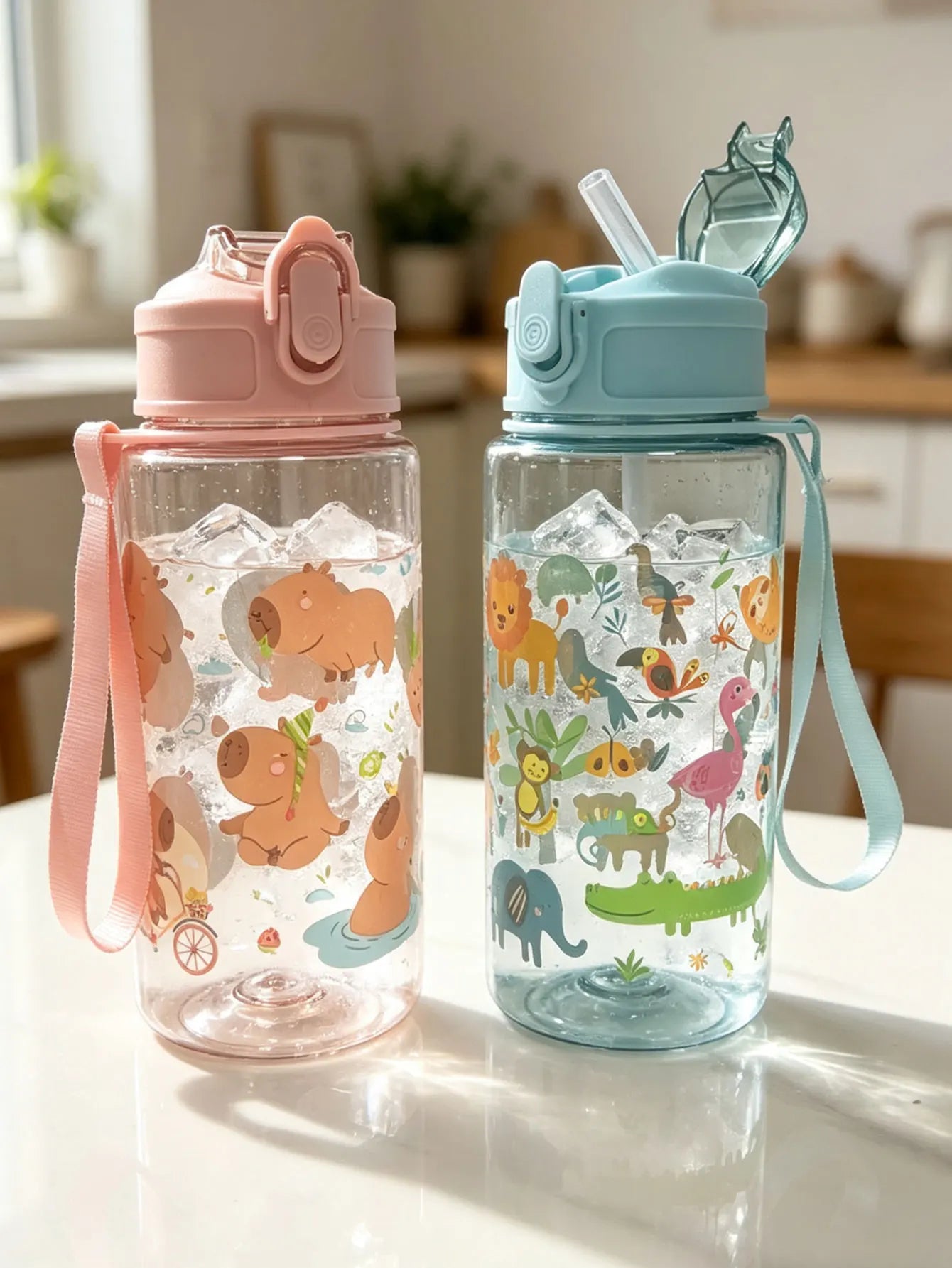 1 Piece 500ml (19 fl oz) Cartoon Printed Straw Cup | Summer Plastic Water Bottle