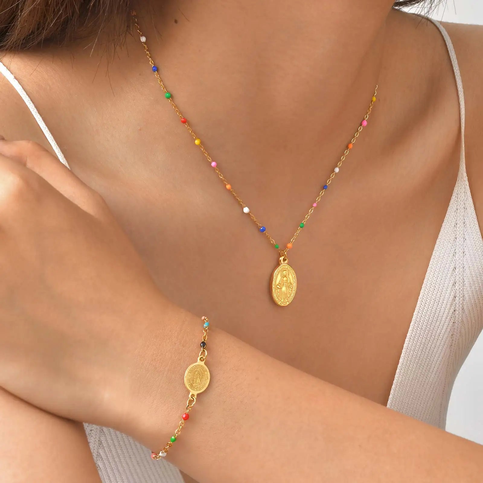 Bohemian Colored Virgin Oval Necklace | Gold Plated Stainless Steel Rosary Chain