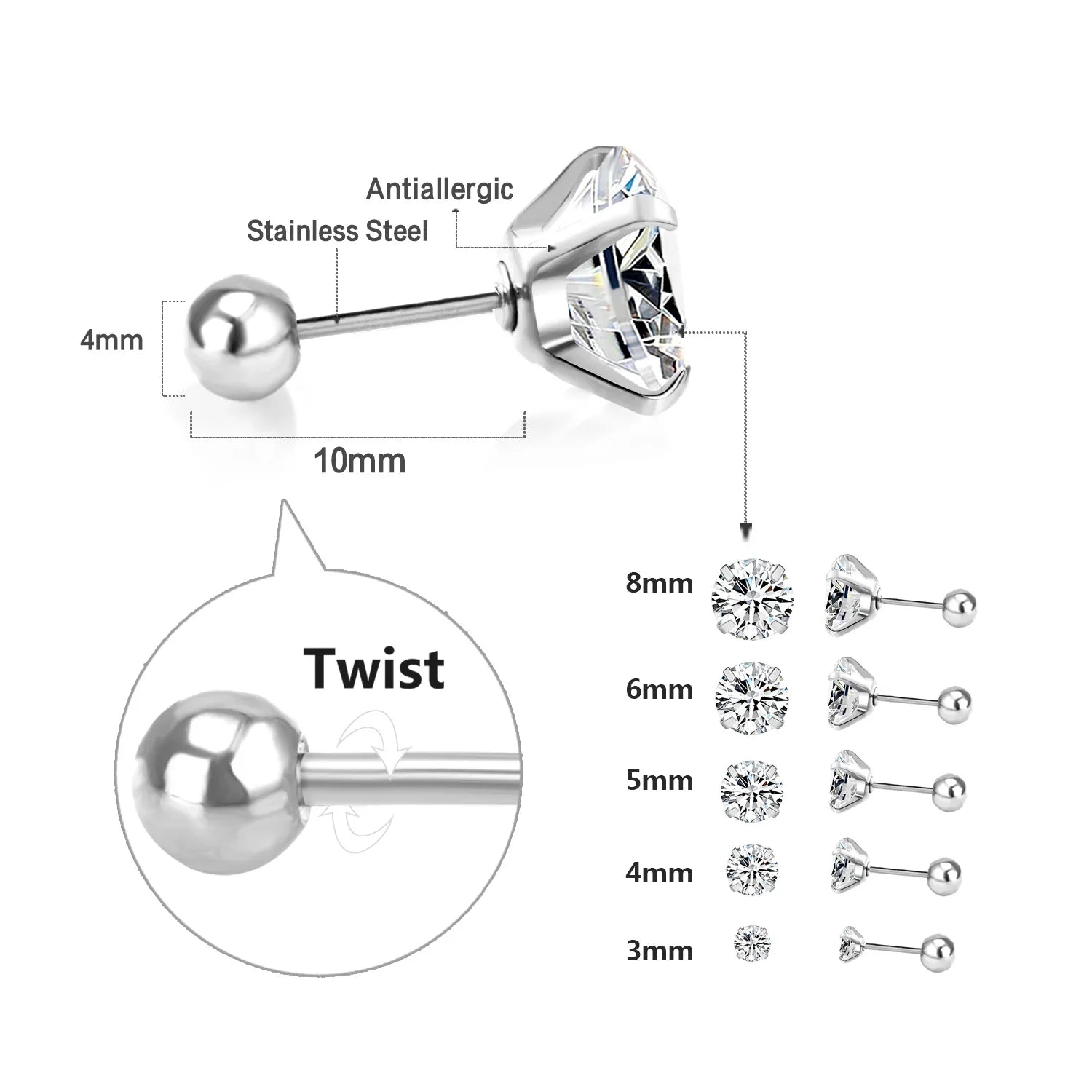 LUXUSTEEL Crystal Zircon Stud Earrings | Screw Back Round CZ Earrings for Men Women