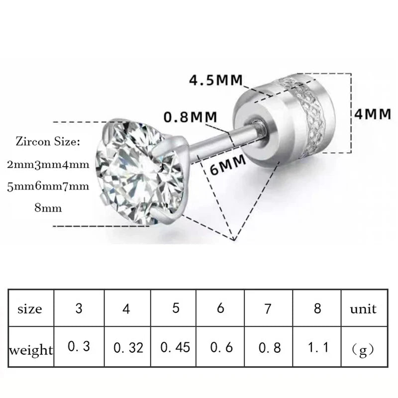 Stainless Steel Titanium Stud Earrings | 4 Color CZ Crystal Screw Back Earrings for Women