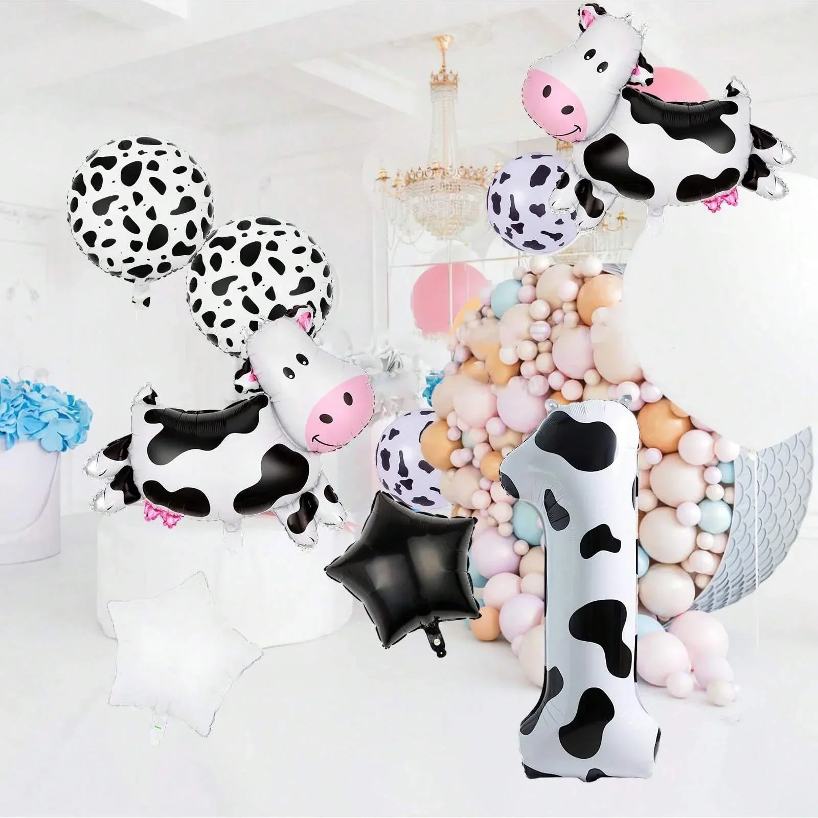 7pcs Cow Print Number Balloon Set | Farm Animal Birthday Party Decoration