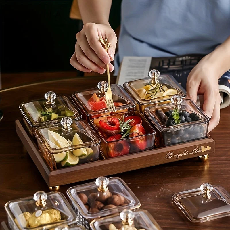 DecorBites™ Light Luxury Glass Fruit Plate with Bamboo Wood Compartment