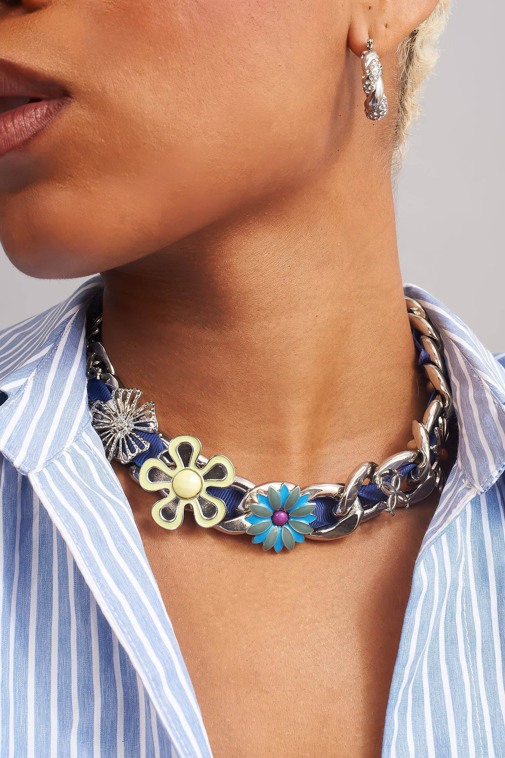 Satin Floral Cuban Chain - Unisex Ribbon Necklace Statement Piece