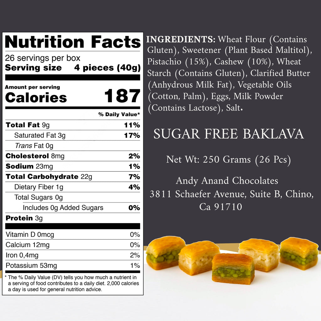 Andy Anand Sugar-Free Turkish Baklava, 26 pc, 8.8 oz – Pistachio, Walnut & Hazelnut, Flaky Phyllo, Diabetic-Friendly Birthday Gift Box