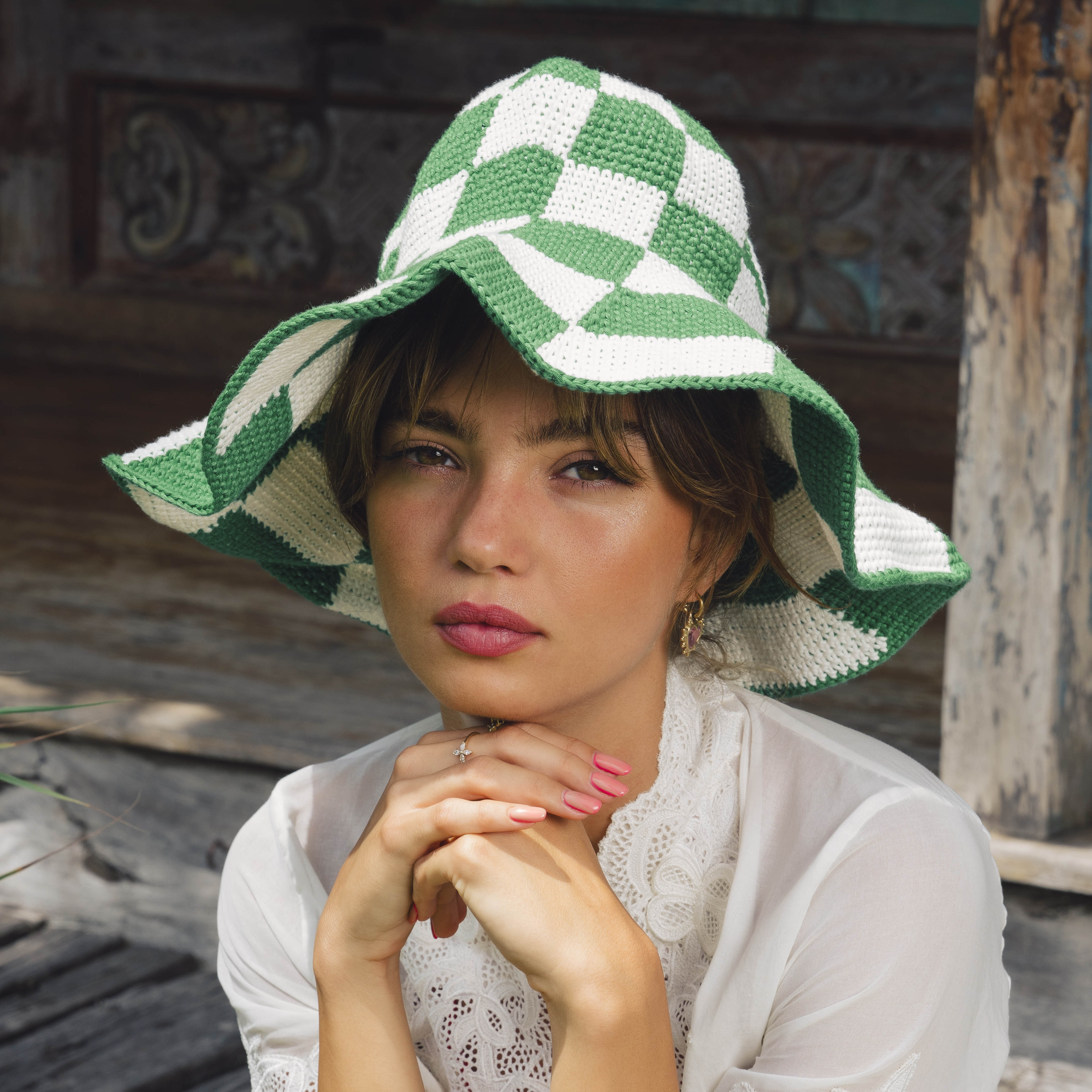 The Shilo Checkered Crochet Hat In Green & White