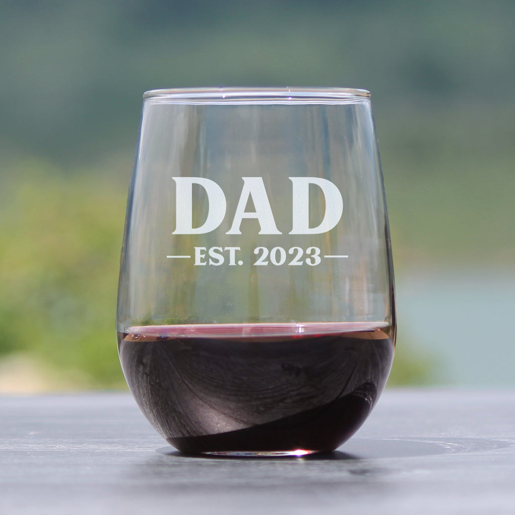 Dad Est. 2023 - Bold - 17 Ounce Stemless Wine Glass