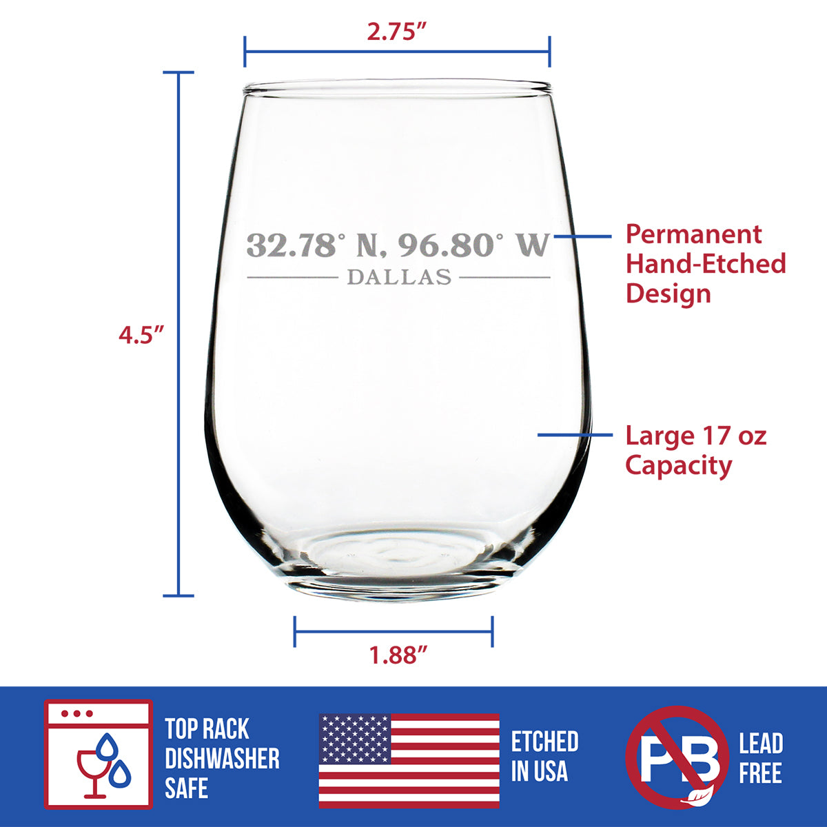 Dallas Coordinates - 17 Ounce Stemless Wine Glass