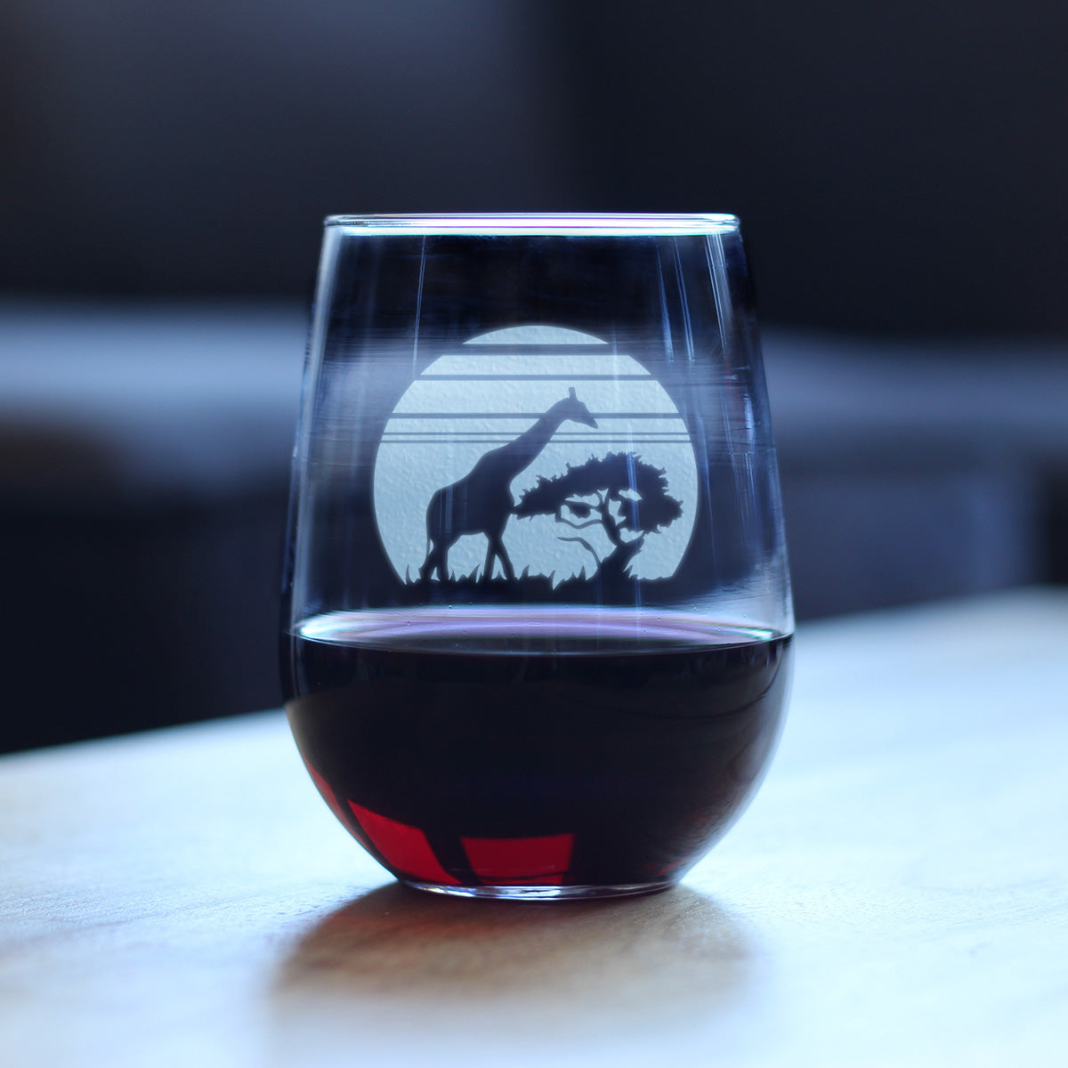 Giraffe Sunset Stemless Wine Glass - Fun Safari Themed Decor and Gifts for Lovers of African Wild Animals - Large 17 Oz Glasses