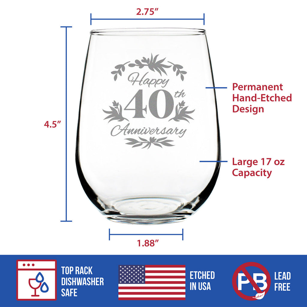 Happy 40th Anniversary - Stemless Wine Glass Gifts for Women & Men - 40 Year Anniversary Party Decor - Large Glasses